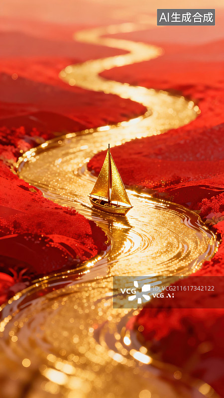 【AI数字艺术】金色河流上的帆船图片素材