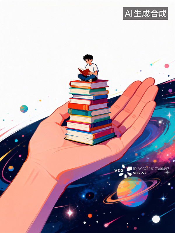 【AI数字艺术】一本好书就是宇宙的入口，翻开它就能让心灵在掌心间，驶向星光深处图片素材