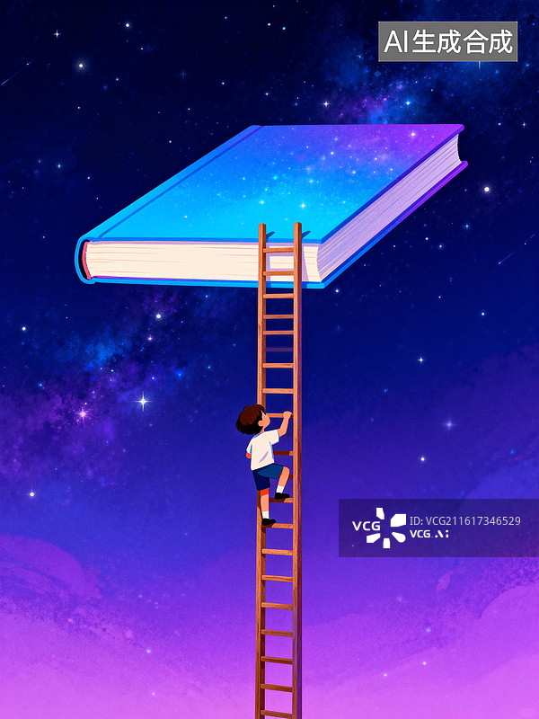 【AI数字艺术】一本好书就是通往星空的梯，每爬一步，都能离星光更近一点图片素材