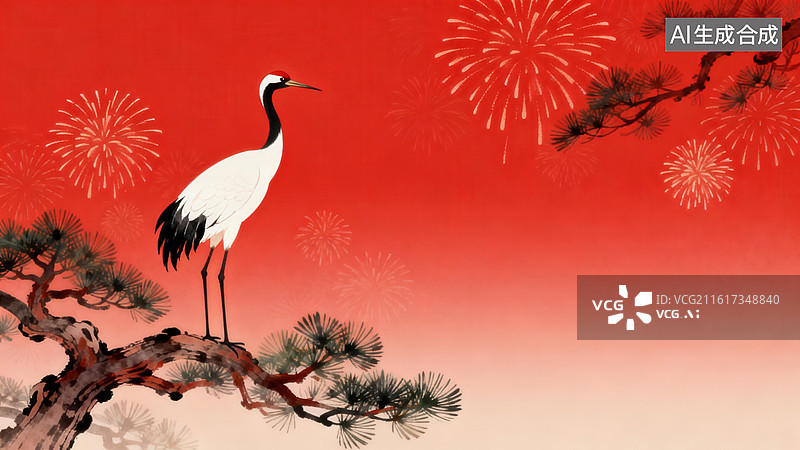 【AI数字艺术】红背景上的白鹤松枝图图片素材