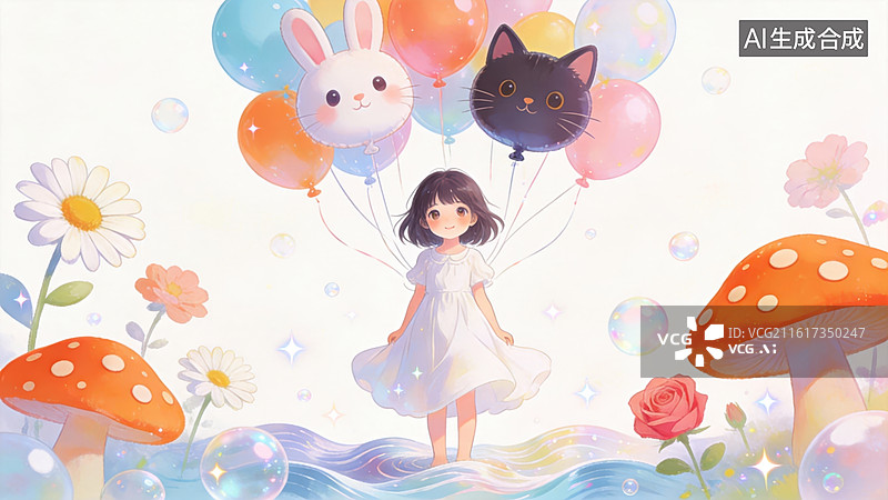 【AI数字艺术】女孩与气球兔猫在梦幻花园图片素材
