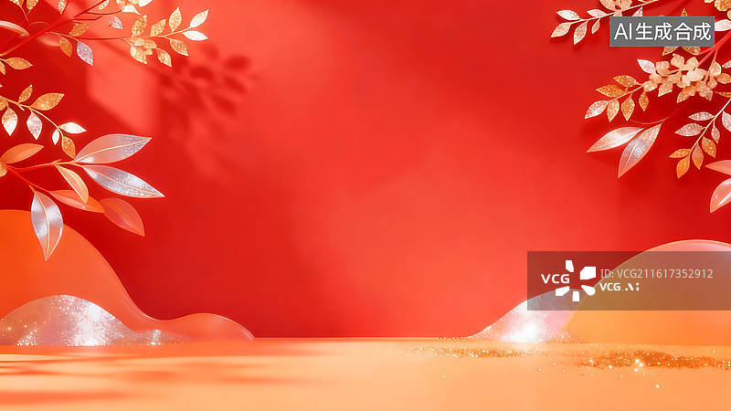 【AI数字艺术】新年喜庆背景 红橙渐变 金叶光影  年会庆典 简约大气图片素材