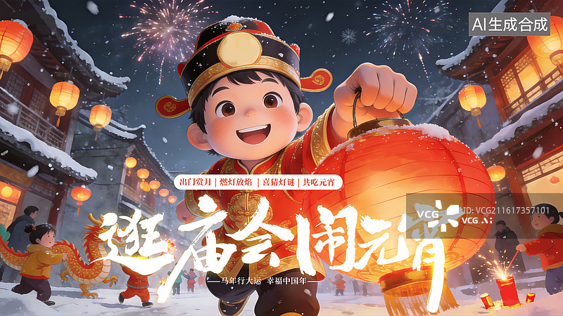 【AI数字艺术】3D立体卡通风格大透视仰拍角度,戴官帽的小男孩手提红灯笼，热闹庙会背景，中国新年节日插画海报 竖版图片素材