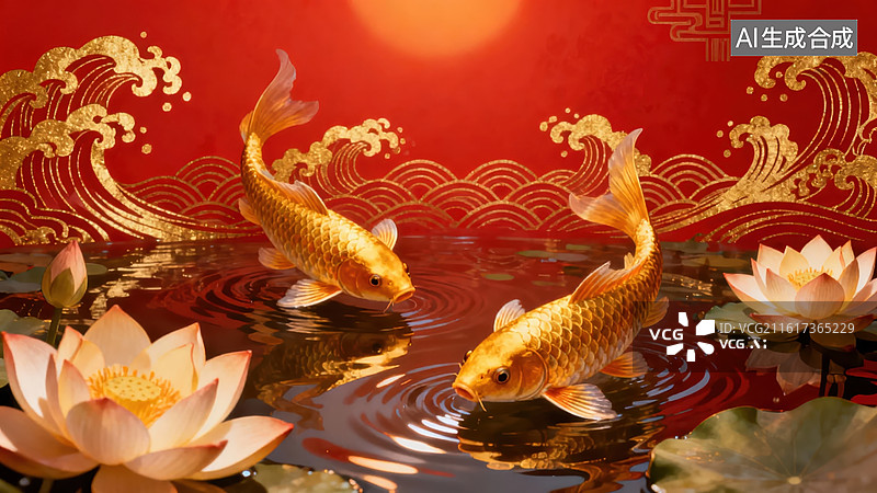 【AI数字艺术】金鱼游于莲花池中图片素材