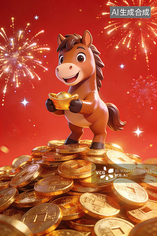 【AI数字艺术】卡通马站立金币堆上图片素材