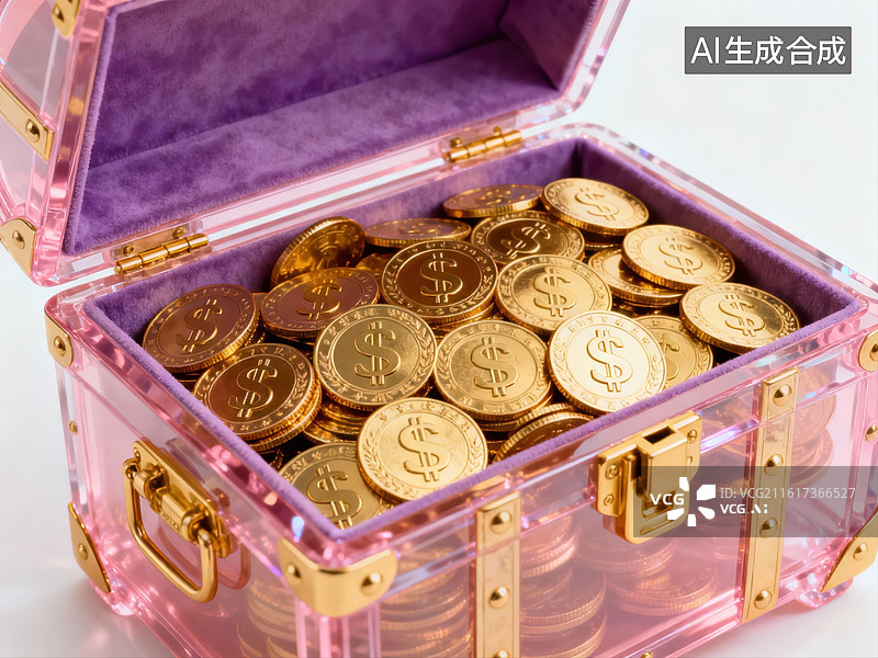 【AI数字艺术】粉色宝箱中的金币图片素材