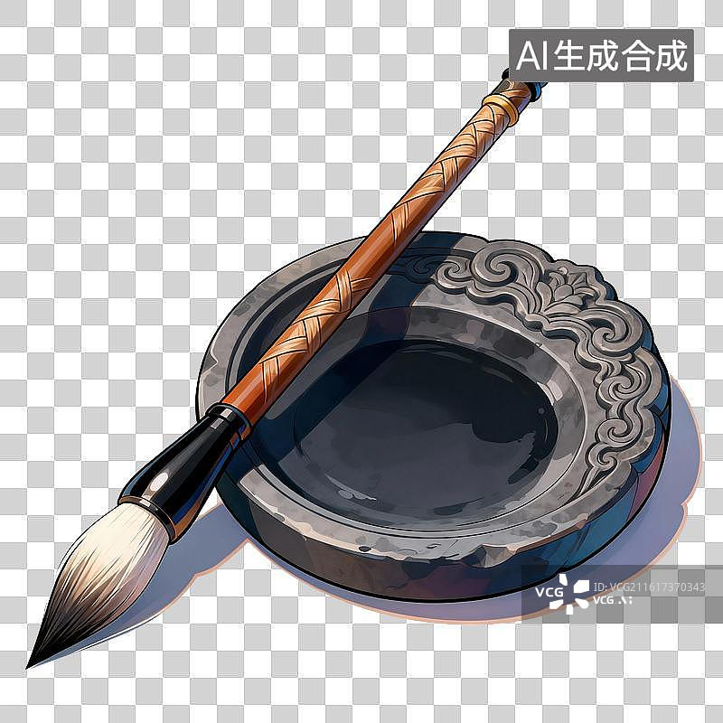 【AI数字艺术】国风手绘插画，文房四宝，砚台，端砚，歙砚，书法，毛笔，免抠元素图片素材