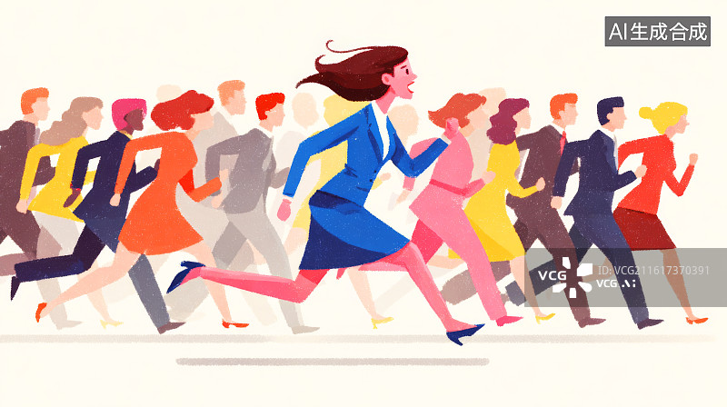 【AI数字艺术】扁平化职场女性领跑人群插画图片素材