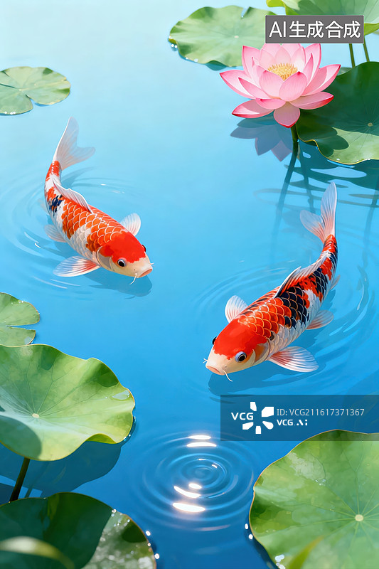【AI数字艺术】锦鲤游动于荷花池中图片素材