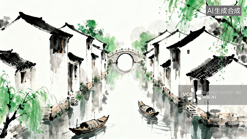 【AI数字艺术】水墨江南水乡小景图片素材