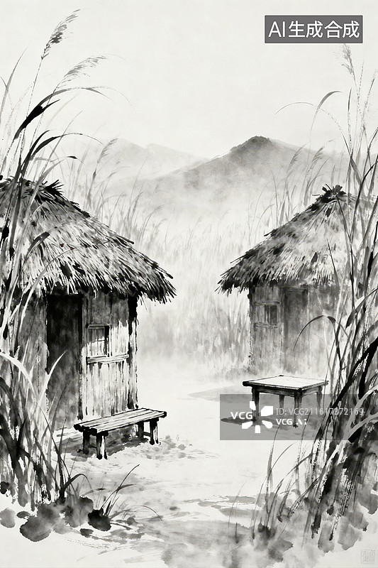 【AI数字艺术】水墨山水中的茅屋与草丛图片素材