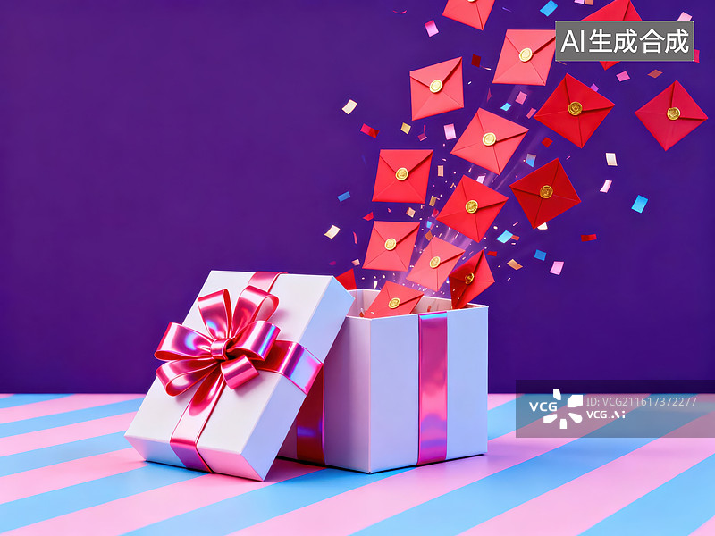 【AI数字艺术】礼盒开启飞出红包与彩纸图片素材