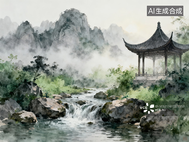 【AI数字艺术】山水亭阁溪流雾景图片素材
