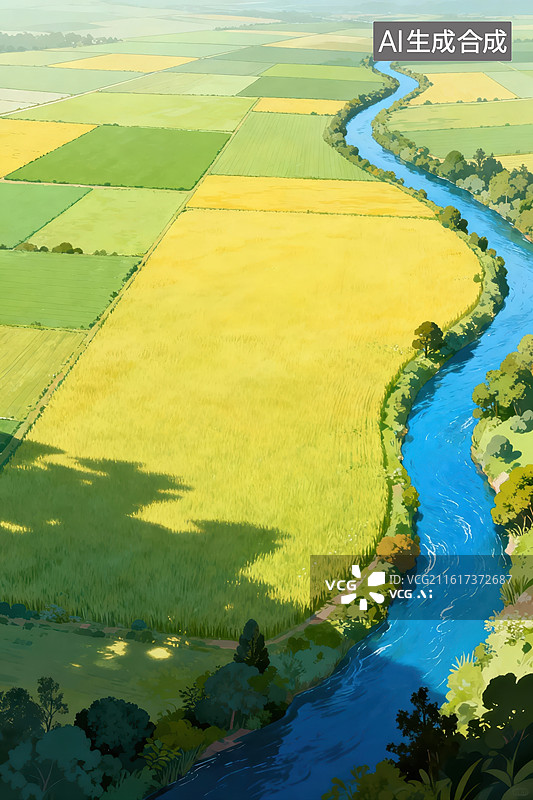 【AI数字艺术】河流蜿蜒穿过农田图片素材