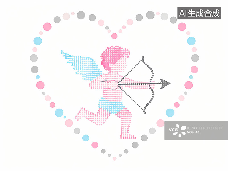【AI数字艺术】丘比特拿着爱心箭点阵点彩渐变平面设计简洁复古插画图片素材