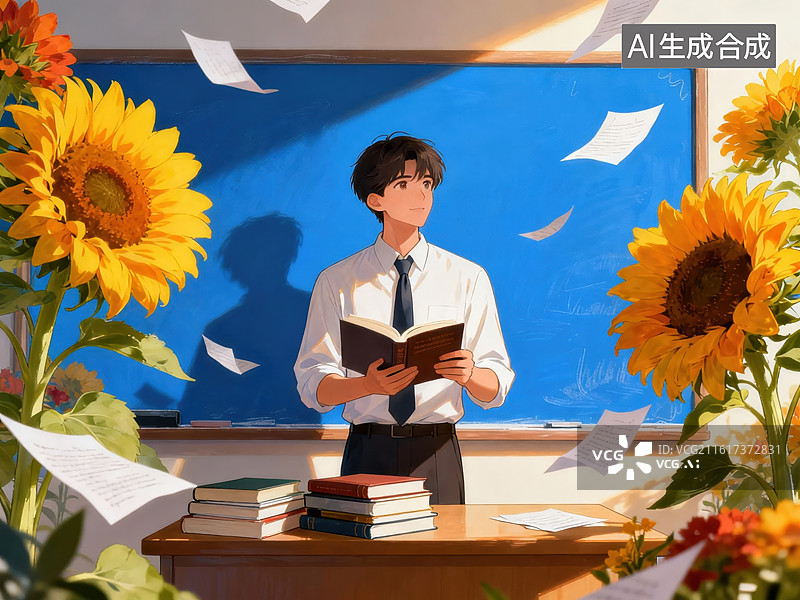 【AI数字艺术】教室里的青年教师阅读图片素材
