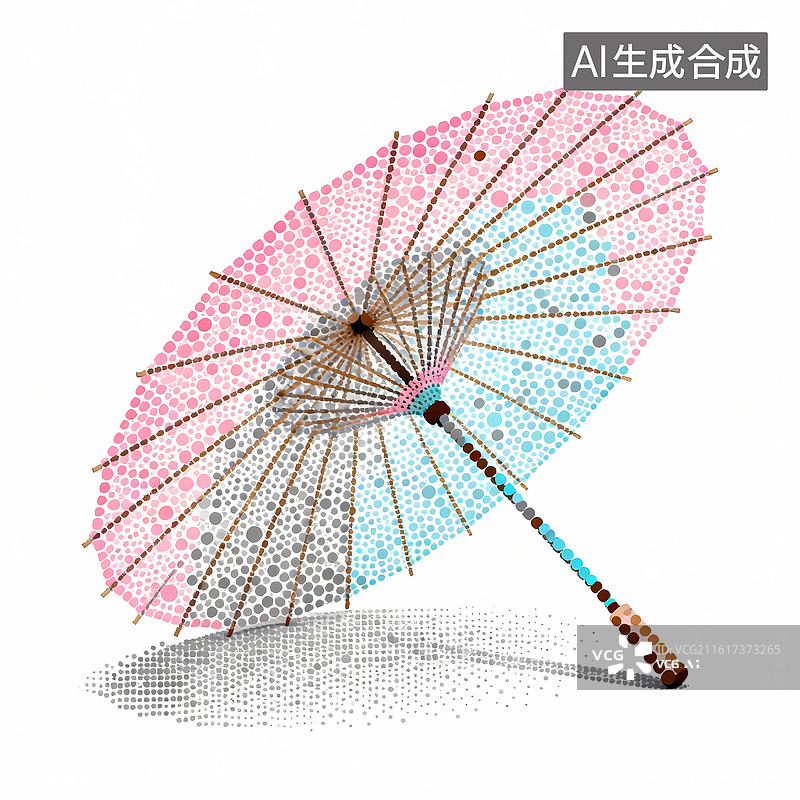 【AI数字艺术】粉蓝色传统油纸伞点阵点彩渐变平面设计简洁插画图片素材
