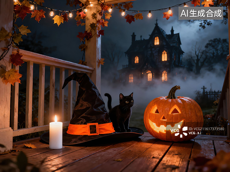 【AI数字艺术】万圣节夜晚的南瓜灯与黑猫图片素材