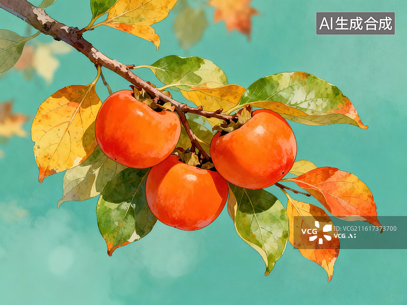 【AI数字艺术】枝头挂满橙色柿子图片素材