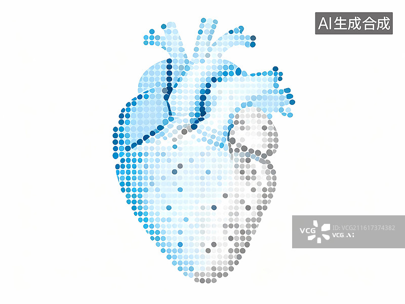 【AI数字艺术】蓝灰色人体心脏点阵点彩渐变平面设计简洁插画图片素材