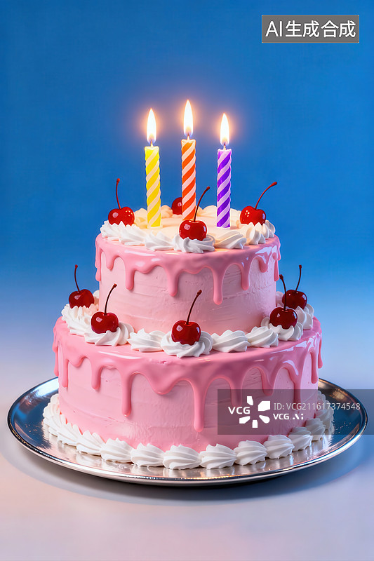 【AI数字艺术】双层粉色生日蛋糕图片素材