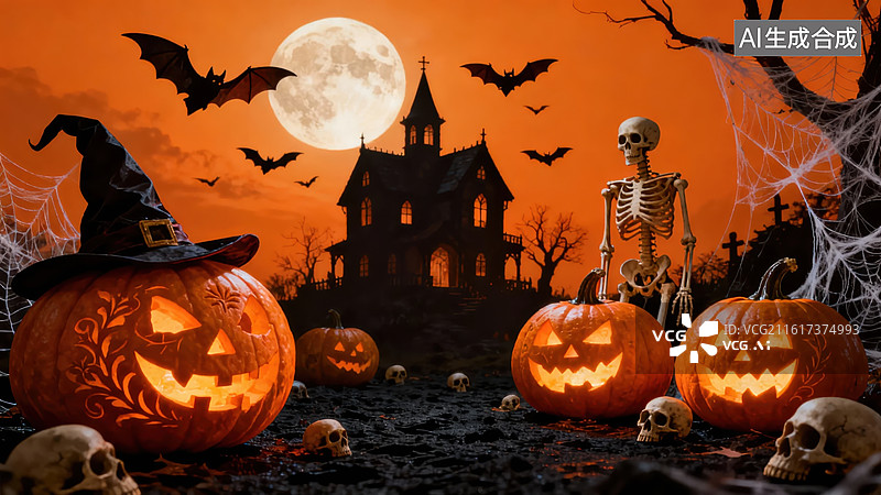 【AI数字艺术】万圣节南瓜灯与幽灵城堡图片素材