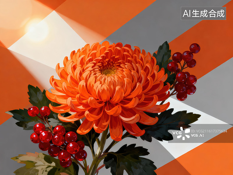 【AI数字艺术】橙色菊花与浆果静物图片素材