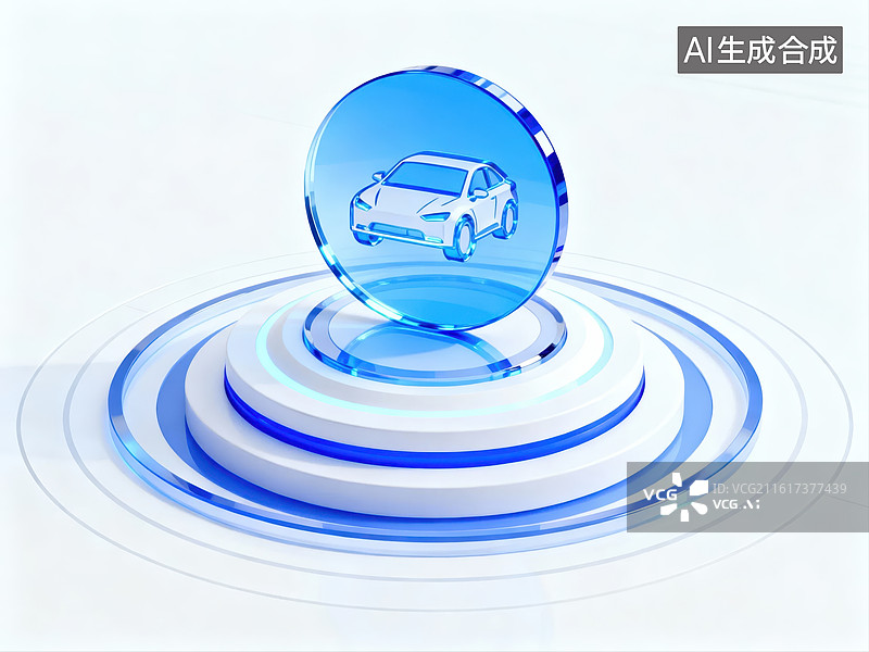 【AI数字艺术】汽车悬浮于蓝色光圈之上图片素材