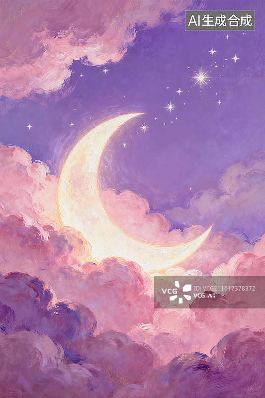 【AI数字艺术】月牙悬于粉紫云层夜空图片素材