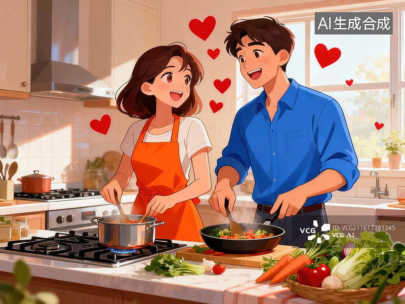 【AI数字艺术】情侣在厨房共同烹饪图片素材