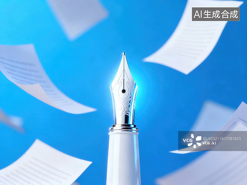 【AI数字艺术】钢笔与飘动的纸张图片素材