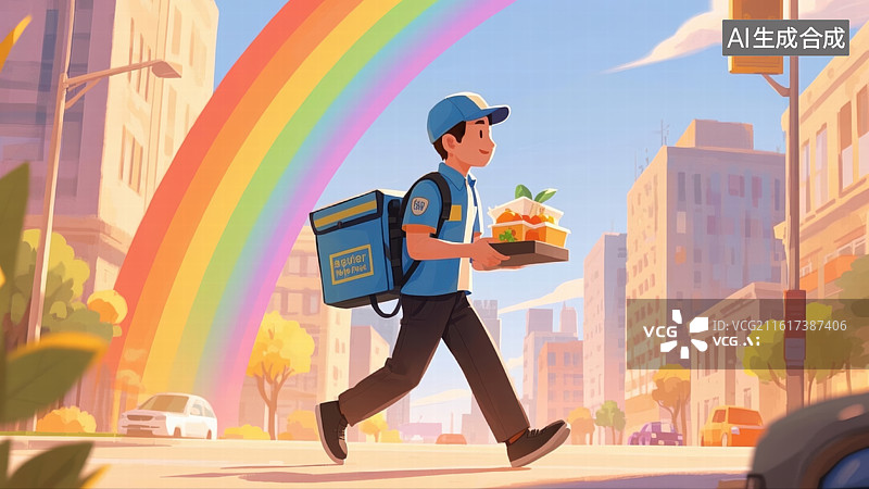 【AI数字艺术】插画：中国城市街头外卖员手持餐盒行走，背景彩虹高悬，展现新时代打工人风貌图片素材