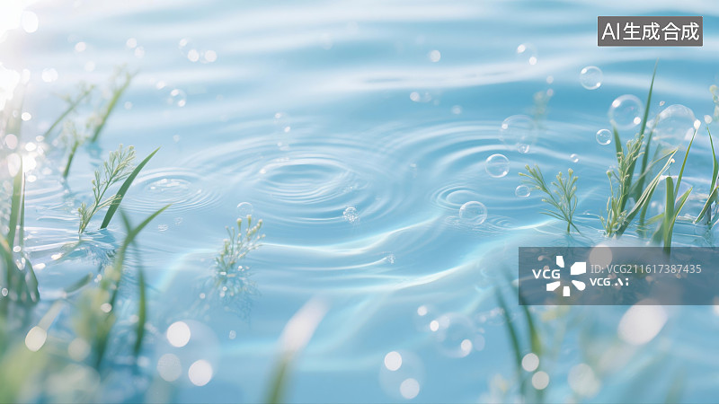 【AI数字艺术】浅蓝水波背景中气泡与水草动态模糊效果，冷暖色调交替，适用于电商产品展示图片素材