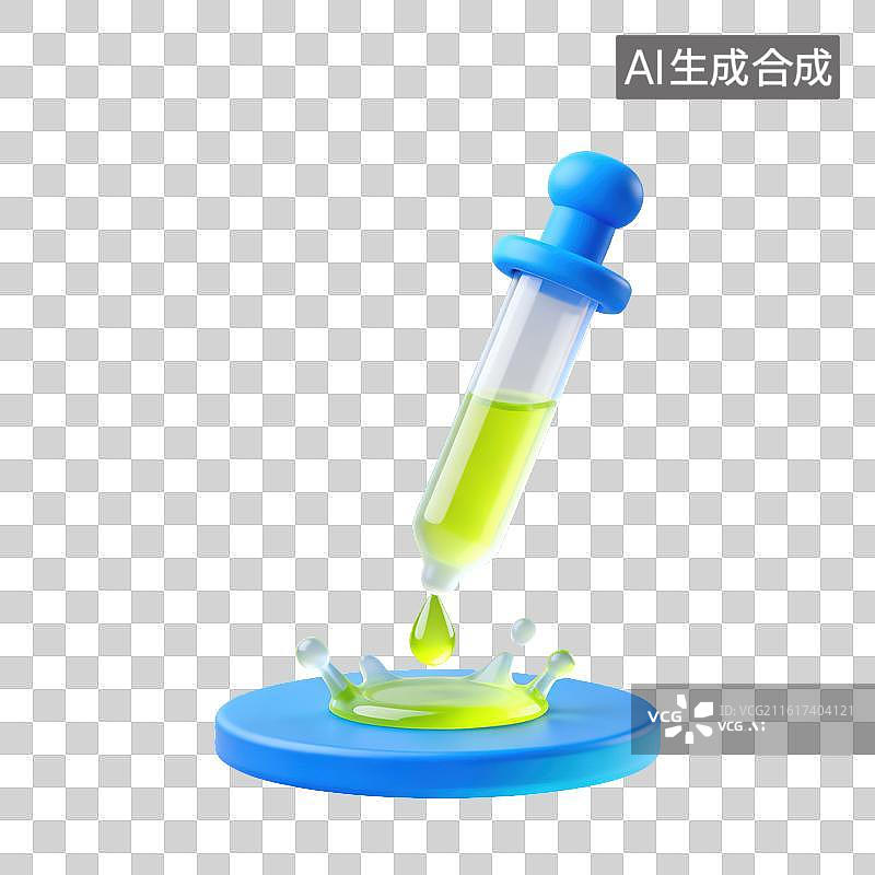 【AI数字艺术】3D磨砂玻璃材质教育主题化学课滴管内有液体向下滴落溅起水花元素图片素材
