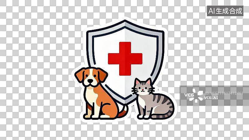 【AI数字艺术】宠物医疗保障 猫狗与救护盾牌  兽医诊所的标志图片素材