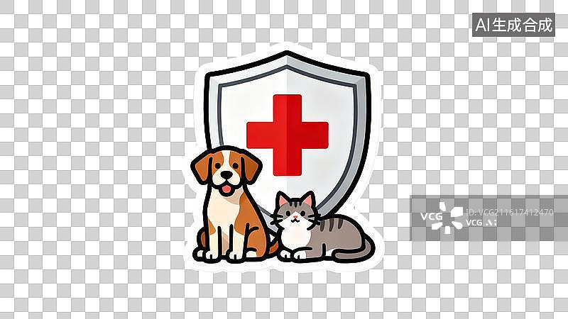 【AI数字艺术】宠物医疗保障 猫狗与救护盾牌  兽医诊所的标志图片素材