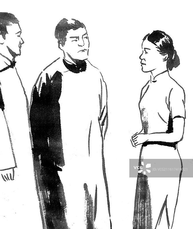 复古怀旧旧时光时代过去往事普通人的一生黑白效果水墨风水墨画剪影人物动态旗袍朋友交谈插画图片素材