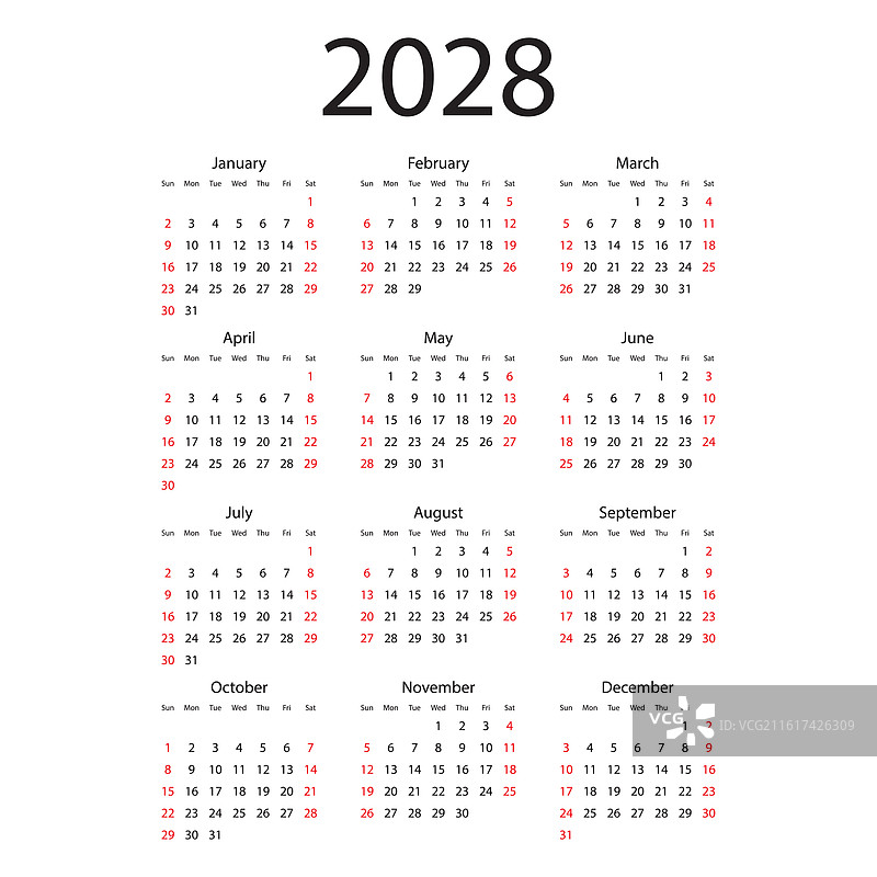 2028年日历图标，平面设计风格的计划表图片素材