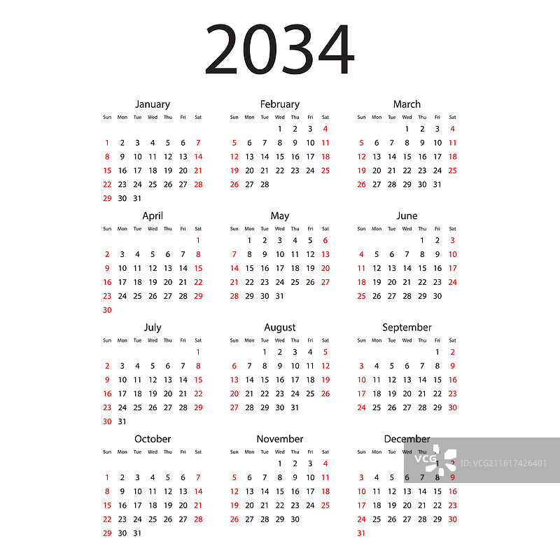 2034年日历图标，扁平风格，用于计划图片素材