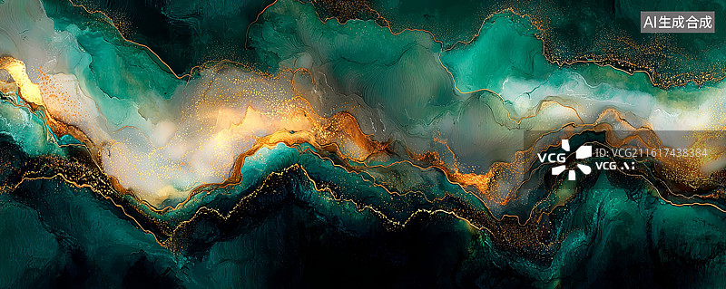 【AI数字艺术】抽象艺术风格的绿金色流体纹理背景图片素材