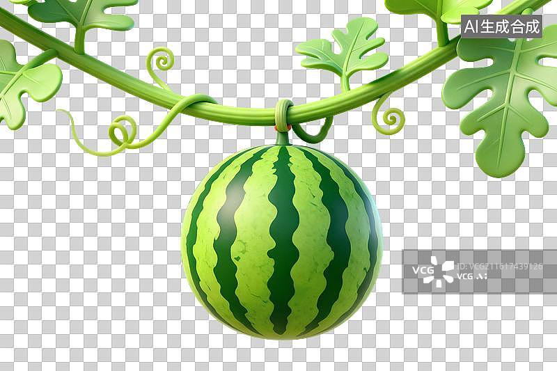 【AI数字艺术】卡通风格，藤蔓上的西瓜PNG格式的免扣元素图片素材