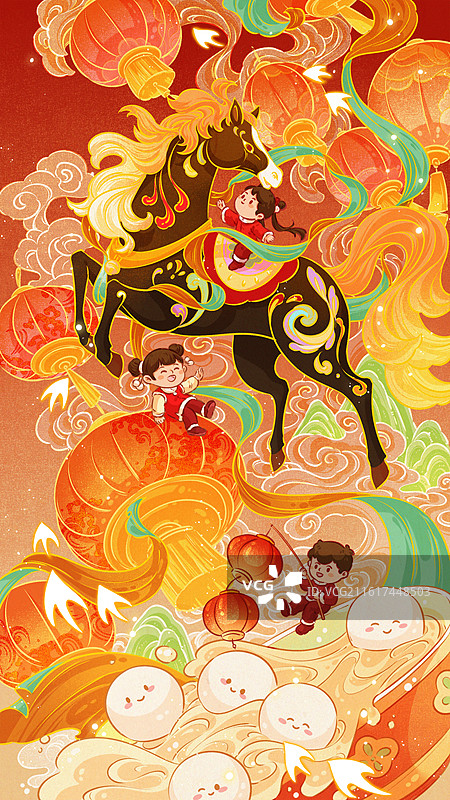 马年元宵节奔马汤圆喜庆国风插画图片素材