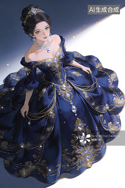 【AI数字艺术】深蓝礼服贵族女性插画图片素材