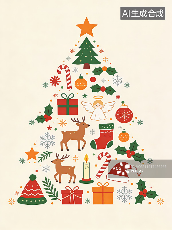 【AI数字艺术】纯色背景下由驯鹿拐棍糖果袜子圣诞帽蜡烛雪花彩灯等圣诞装饰元素组成的可爱圣诞树形状图片素材
