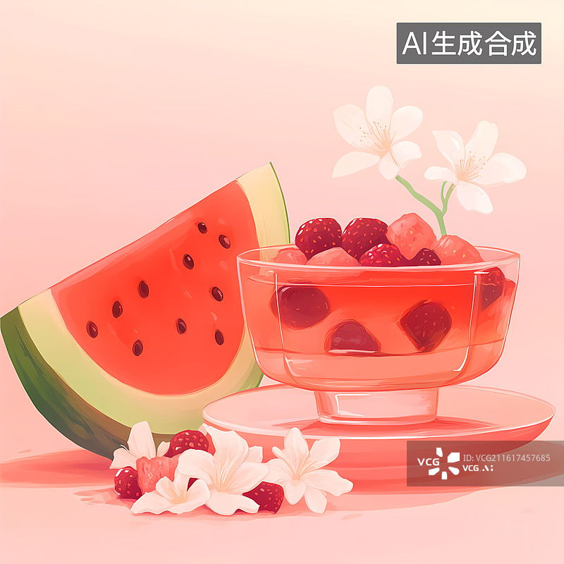 【AI数字艺术】美味的西瓜和浆果甜点图片素材