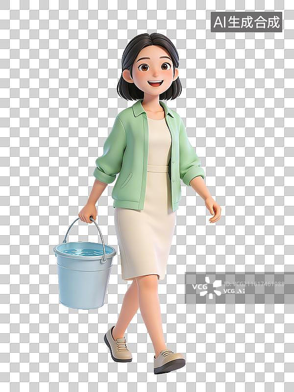 【AI数字艺术】年轻女性，面带微笑，手持水桶，身穿浅绿色外套和白色连衣裙，搭配白色运动鞋，显得活泼可爱图片素材