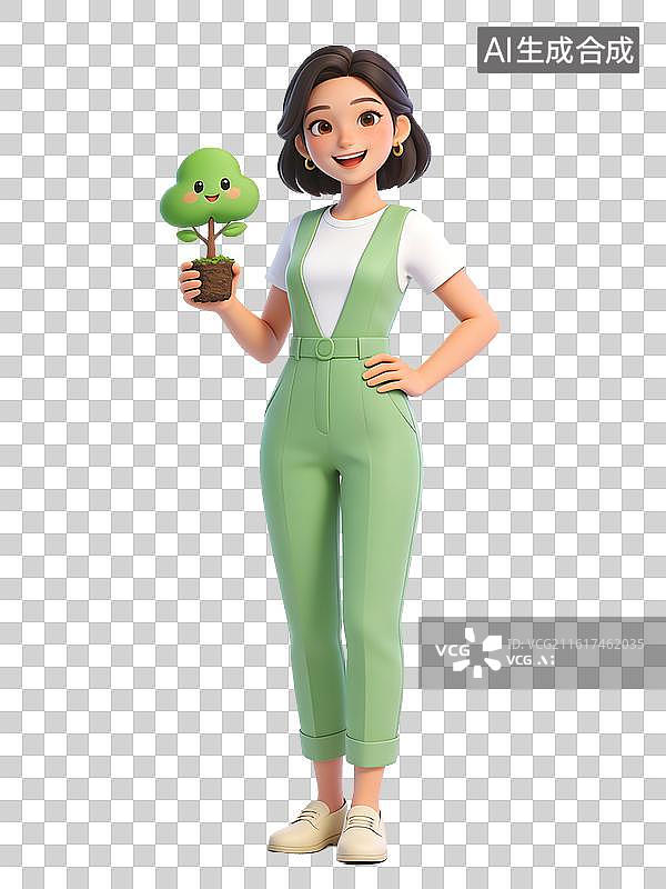 【AI数字艺术】年轻女性，面带微笑，手持盆栽，身穿绿色背带裤和白色T恤，脚穿米色鞋，双手叉腰，姿势自信，园艺师图片素材