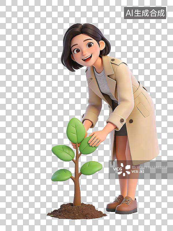【AI数字艺术】年轻女性，短发，微笑，弯腰触摸小树，穿米色风衣灰色内搭棕色鞋子，园艺爱好者或环保人士图片素材