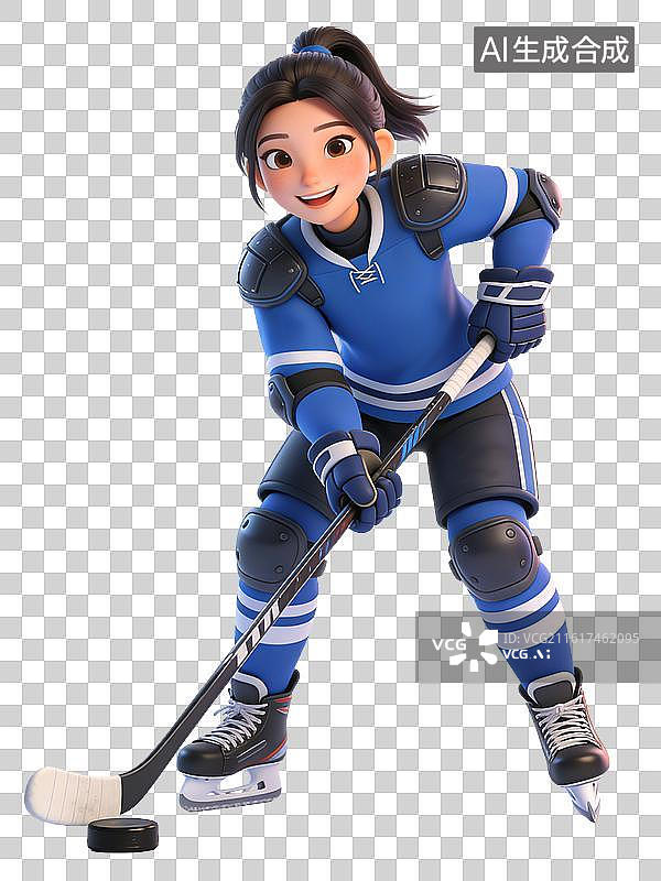 【AI数字艺术】年轻女性，面带微笑，拿着冰球杆，身穿蓝色冰球服，佩戴护具，姿势自信，冰球运动员图片素材