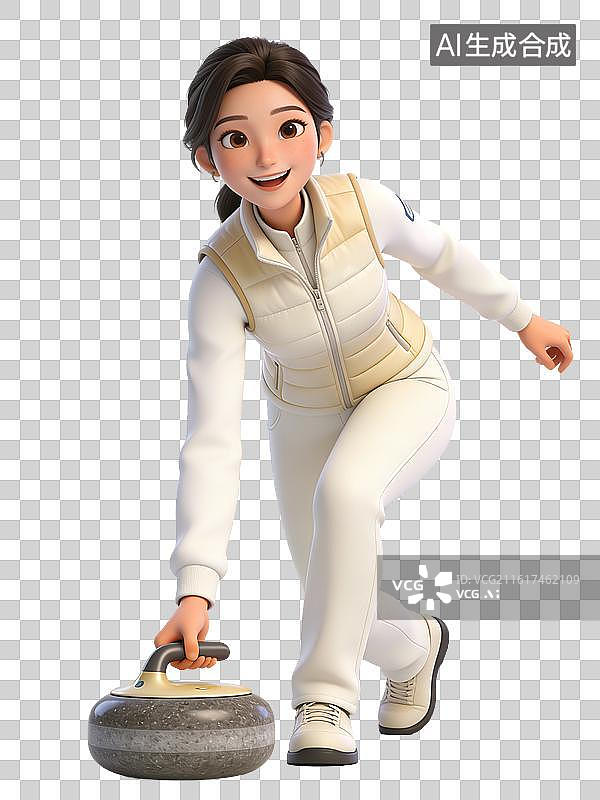 【AI数字艺术】年轻女性，面带微笑，蹲姿，手握冰壶，身穿白色运动服和马甲，冰壶运动员图片素材